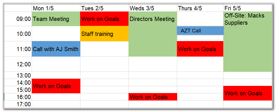 Sample calendar entry with vague goal actions